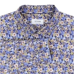 ETON Custom Made Button Down Shirt Mens Size 18.5x33 Blue Tan Floral Print
